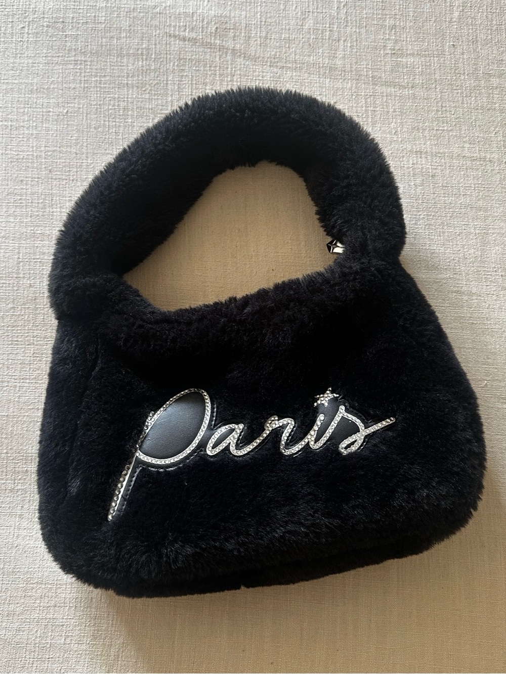 Paris Hilton Black Faux Fur Shoulder Bag | Y2K Rhinestone Logo Purse